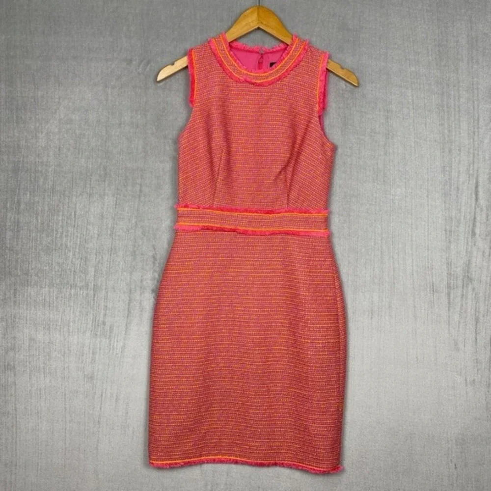 J Crew Sheath Dress 00‎ Pink Neon Fringe Tweed Sleeveless Old Money Preppy